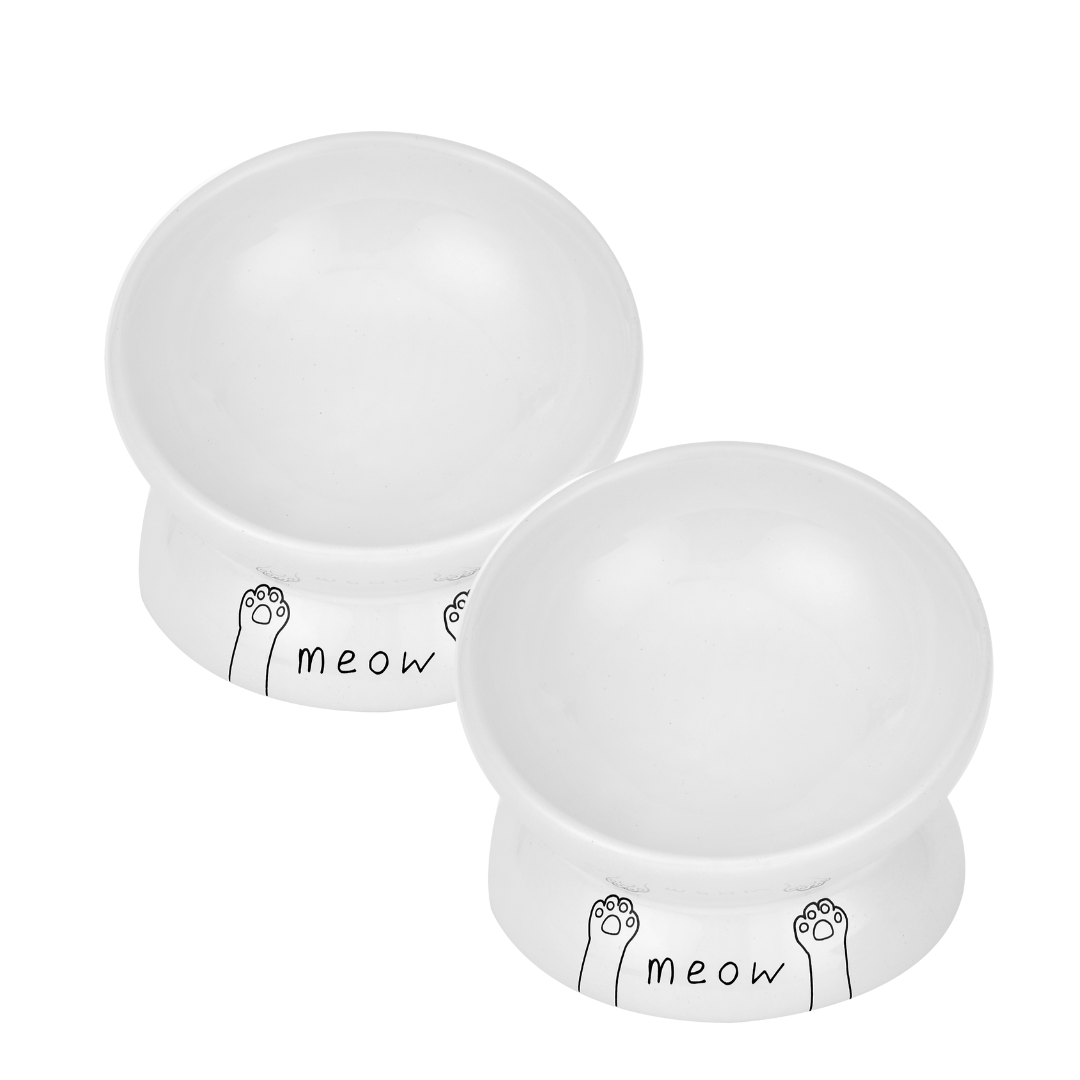 SET OF TWO MEOW CAT DISHES - WHITE